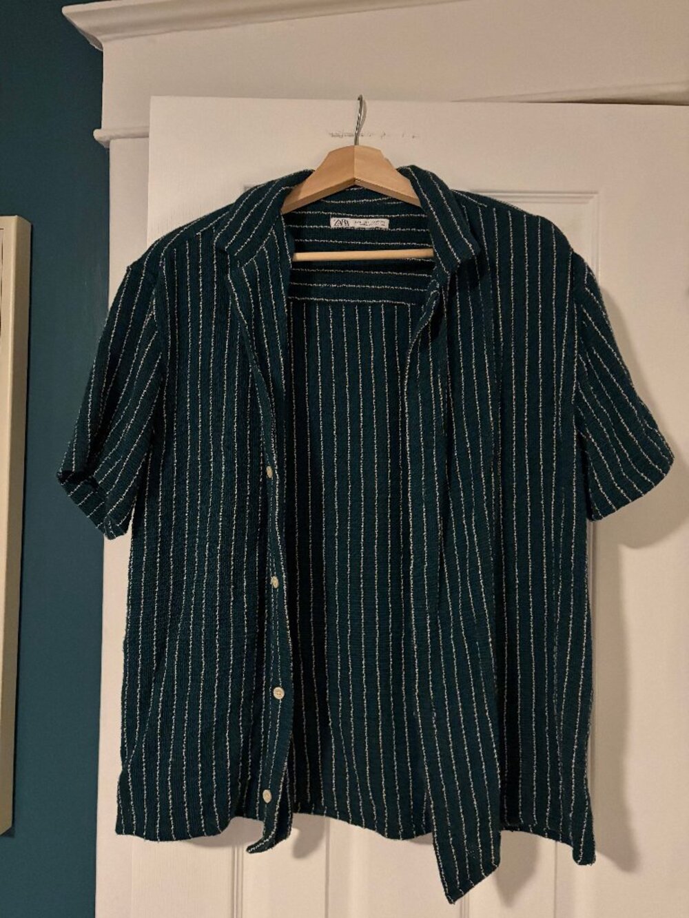 Zara Textured Knit Striped Camp Collar Shirt Dark Teal Green Short Sleeve Sz L
